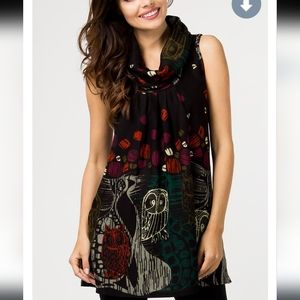 Papillon Cowl Neck Tunic Dress Size Small Multicolor Owls
